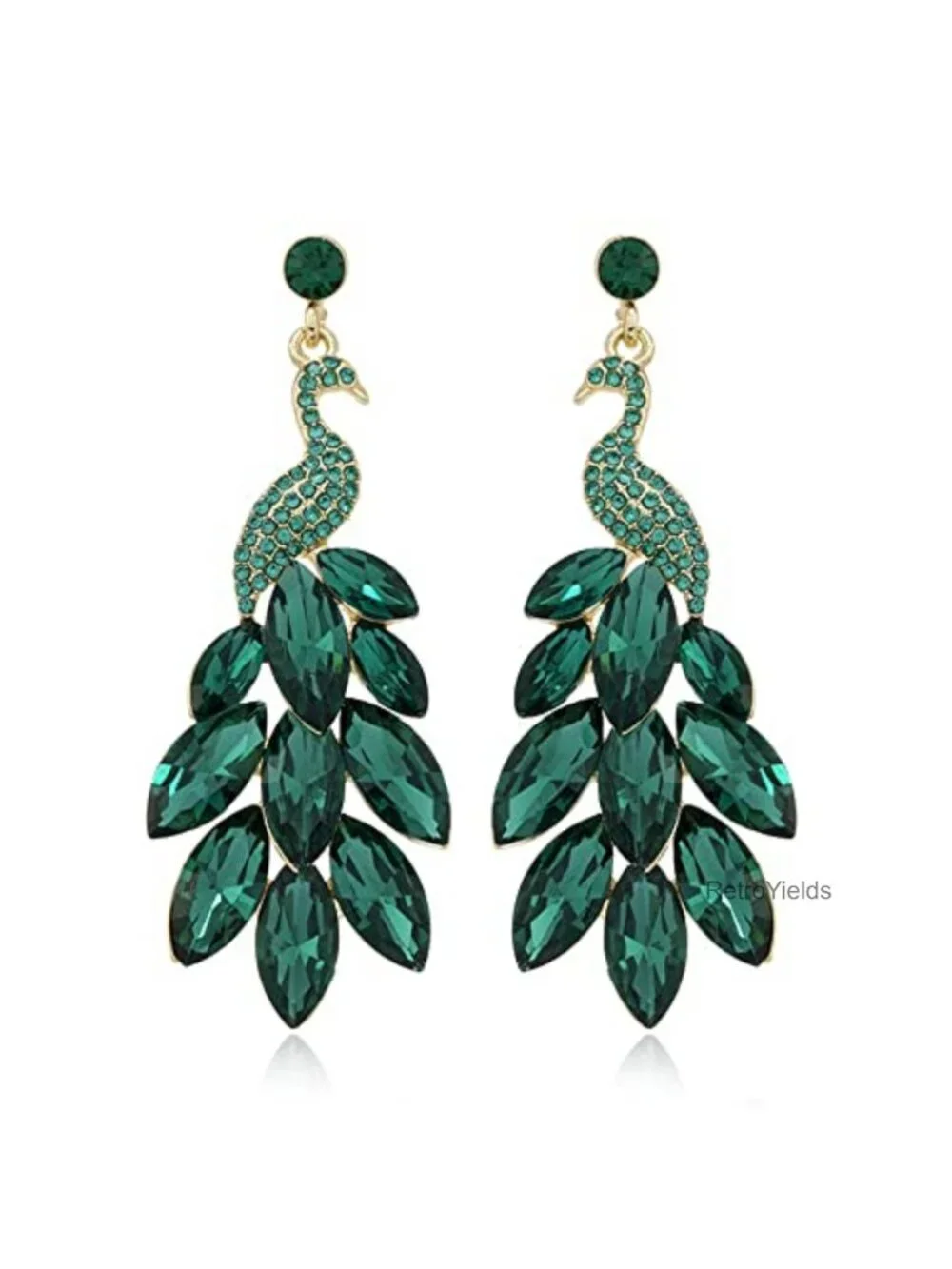 Vintage Peacock Dangle Earrings 14K Gold Plated Green Crystal Feather Statement
